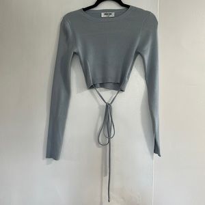 Blue Cropped Knit Sweater with Tie
